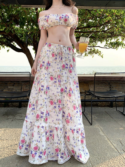 Glorious Two-Piece Set A-Line Off-Shoulder Maxi Dresses Splendid Floral Print Open Waist Long Dress AP3398