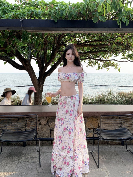 Glorious Two-Piece Set A-Line Off-Shoulder Maxi Dresses Splendid Floral Print Open Waist Long Dress AP3398
