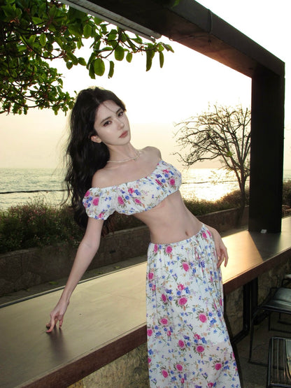 Glorious Two-Piece Set A-Line Off-Shoulder Maxi Dresses Splendid Floral Print Open Waist Long Dress AP3398