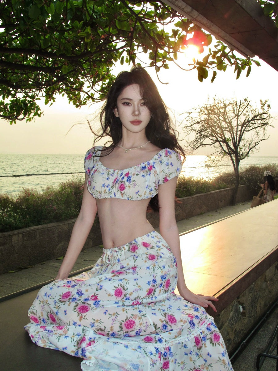 Glorious Two-Piece Set A-Line Off-Shoulder Maxi Dresses Splendid Floral Print Open Waist Long Dress AP3398