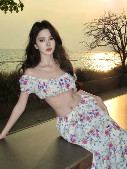 Glorious Two-Piece Set A-Line Off-Shoulder Maxi Dresses Splendid Floral Print Open Waist Long Dress AP3398