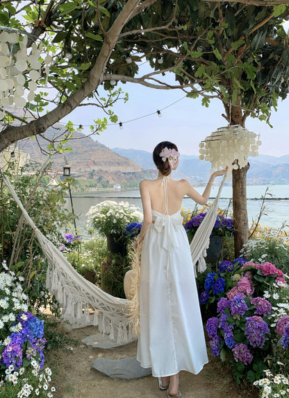 Fascinating A-Line Halter Neck Maxi Dress Glorious Lace Cutout Backless Tie-Back Long Dress AP3399