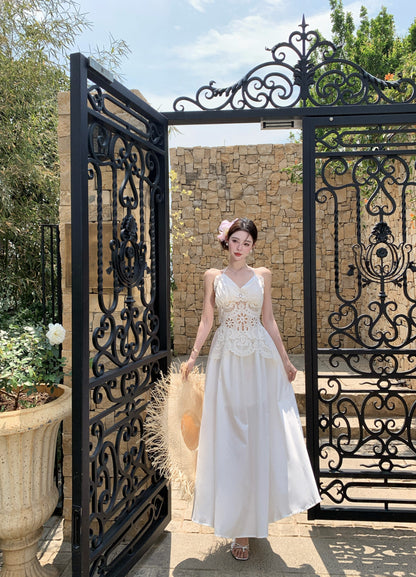 Fascinating A-Line Halter Neck Maxi Dress Glorious Lace Cutout Backless Tie-Back Long Dress AP3399