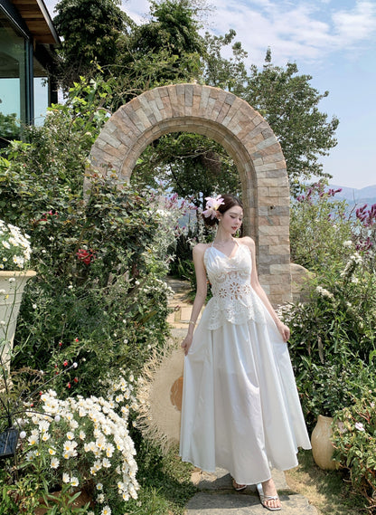 Fascinating A-Line Halter Neck Maxi Dress Glorious Lace Cutout Backless Tie-Back Long Dress AP3399