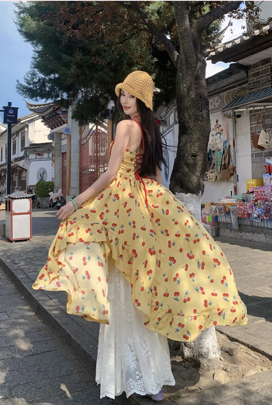 Appealing A-Line Halter Neck Cherry Print Maxi Dress Glorious 3D Floral Accent 2-Piece Set Lace Tulle Skirt Long Dress AP3400