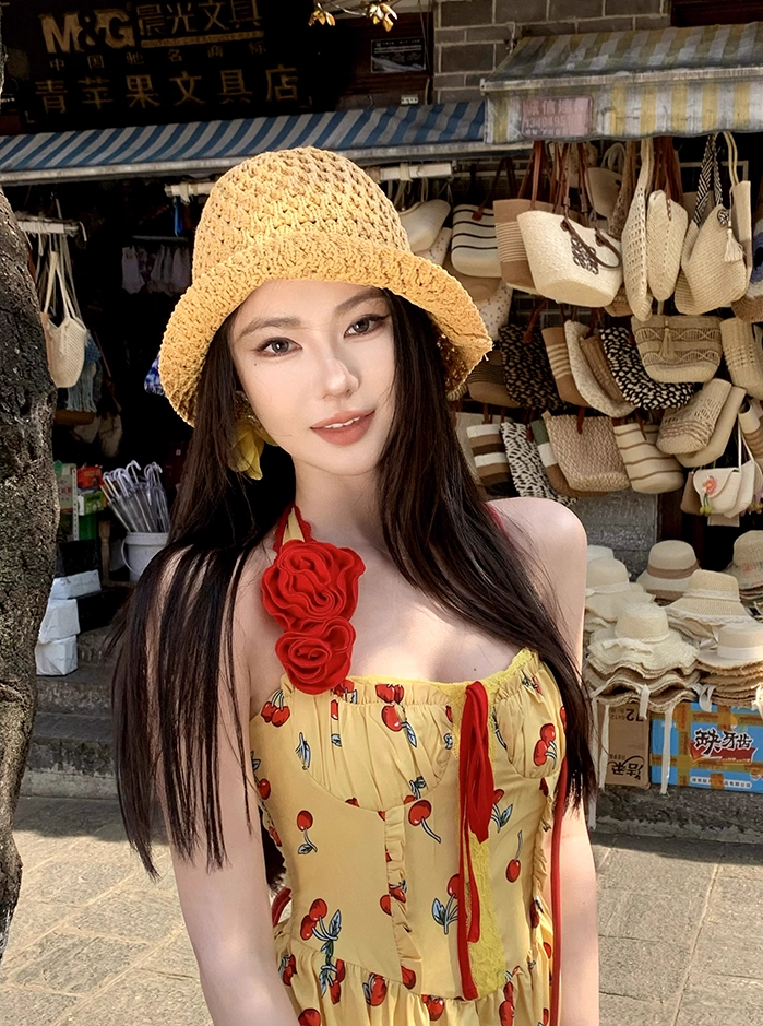 Appealing A-Line Halter Neck Cherry Print Maxi Dress Glorious 3D Floral Accent 2-Piece Set Lace Tulle Skirt Long Dress AP3400