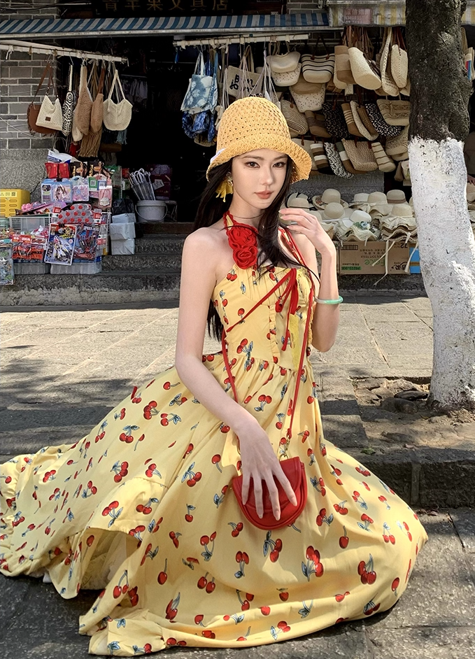 Appealing A-Line Halter Neck Cherry Print Maxi Dress Glorious 3D Floral Accent 2-Piece Set Lace Tulle Skirt Long Dress AP3400