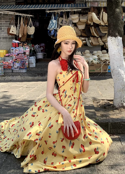 Appealing A-Line Halter Neck Cherry Print Maxi Dress Glorious 3D Floral Accent 2-Piece Set Lace Tulle Skirt Long Dress AP3400