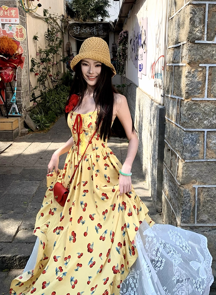 Appealing A-Line Halter Neck Cherry Print Maxi Dress Glorious 3D Floral Accent 2-Piece Set Lace Tulle Skirt Long Dress AP3400