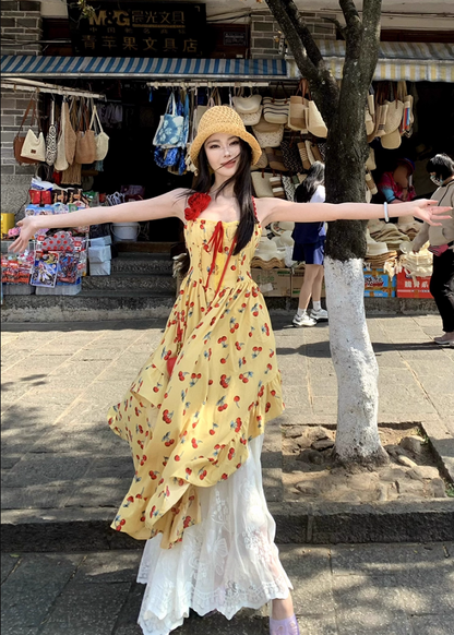 Appealing A-Line Halter Neck Cherry Print Maxi Dress Glorious 3D Floral Accent 2-Piece Set Lace Tulle Skirt Long Dress AP3400