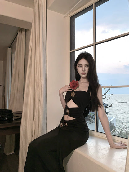 Amazing Black Halter Neck Sheath Maxi Dress Splendid Cutout Evening Parties Outfit Slit Long Dress AP3401