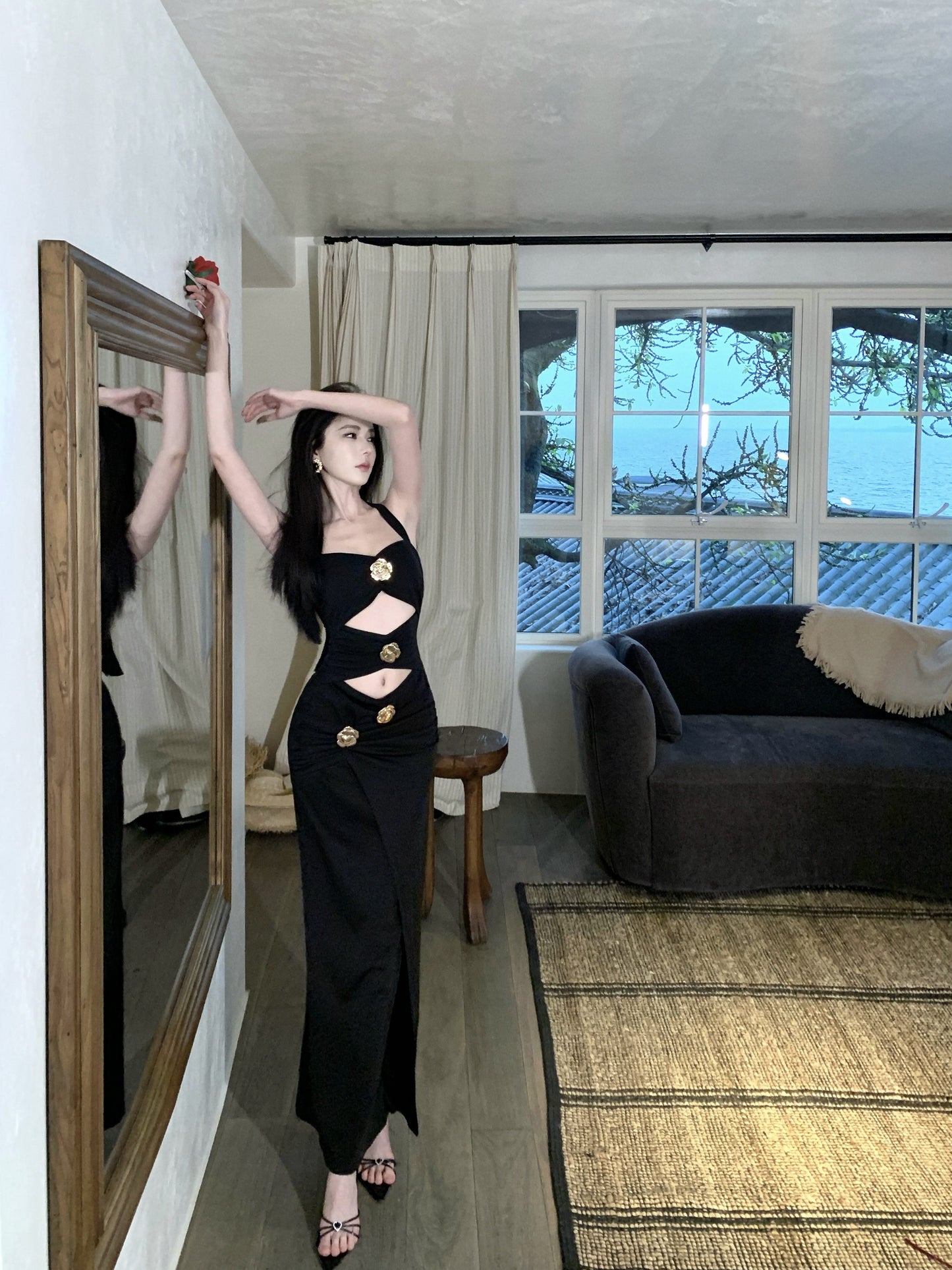 Amazing Black Halter Neck Sheath Maxi Dress Splendid Cutout Evening Parties Outfit Slit Long Dress AP3401