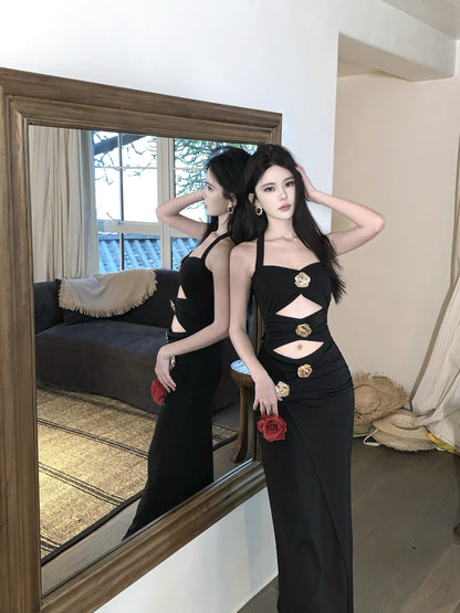 Amazing Black Halter Neck Sheath Maxi Dress Splendid Cutout Evening Parties Outfit Slit Long Dress AP3401