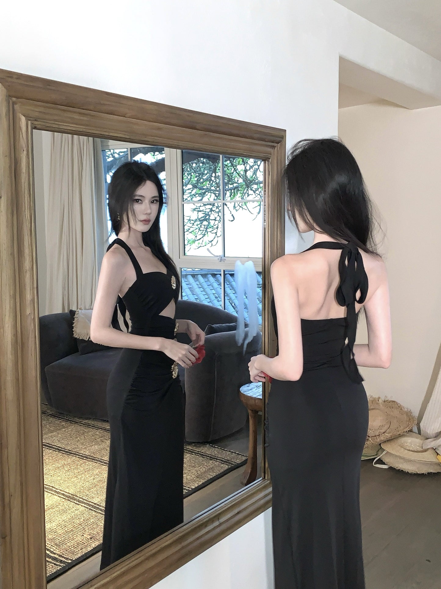 Amazing Black Halter Neck Sheath Maxi Dress Splendid Cutout Evening Parties Outfit Slit Long Dress AP3401