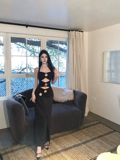 Amazing Black Halter Neck Sheath Maxi Dress Splendid Cutout Evening Parties Outfit Slit Long Dress AP3401