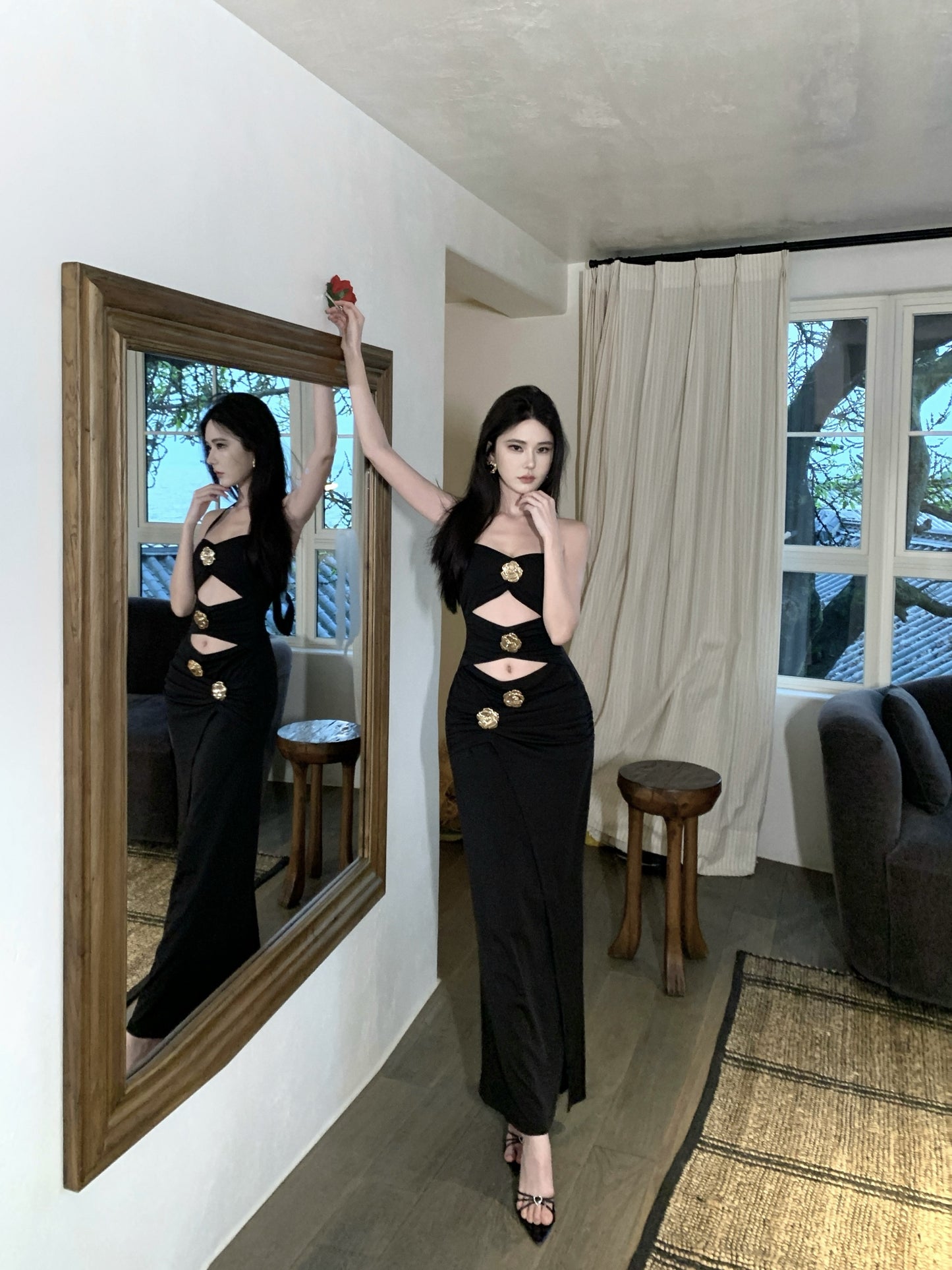 Amazing Black Halter Neck Sheath Maxi Dress Splendid Cutout Evening Parties Outfit Slit Long Dress AP3401