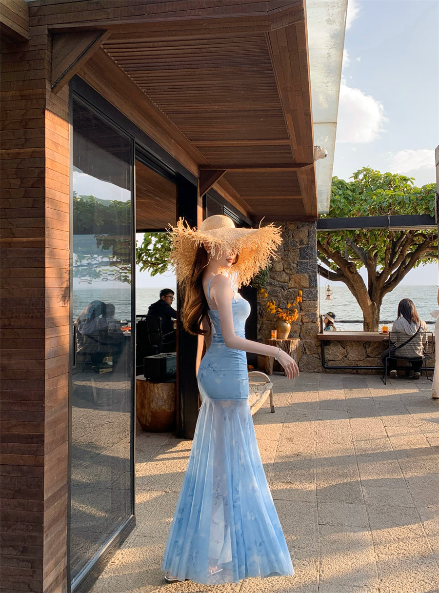 Superb Spaghetti Strap Mermaid Maxi Dress Appealing Lace Trimmed Sheer Tulle Floral Print Long Dress AP3403