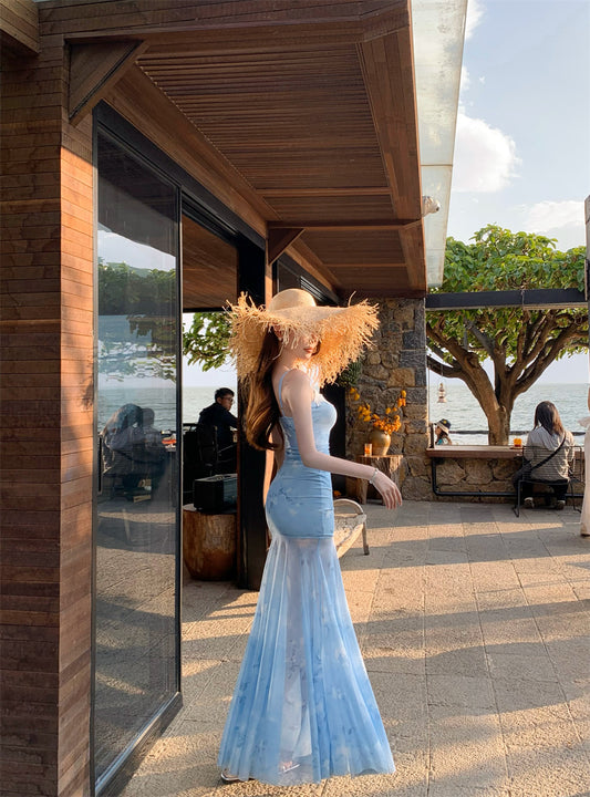 Superb Spaghetti Strap Mermaid Maxi Dress Appealing Lace Trimmed Sheer Tulle Floral Print Long Dress AP3403