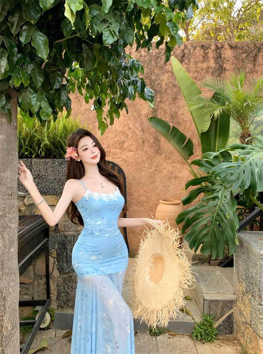 Superb Spaghetti Strap Mermaid Maxi Dress Appealing Lace Trimmed Sheer Tulle Floral Print Long Dress AP3403