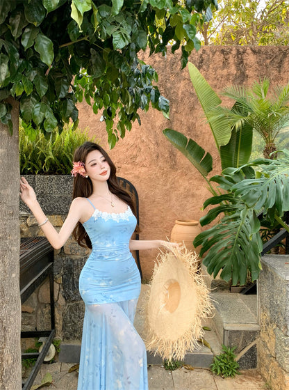 Superb Spaghetti Strap Mermaid Maxi Dress Appealing Lace Trimmed Sheer Tulle Floral Print Long Dress AP3403