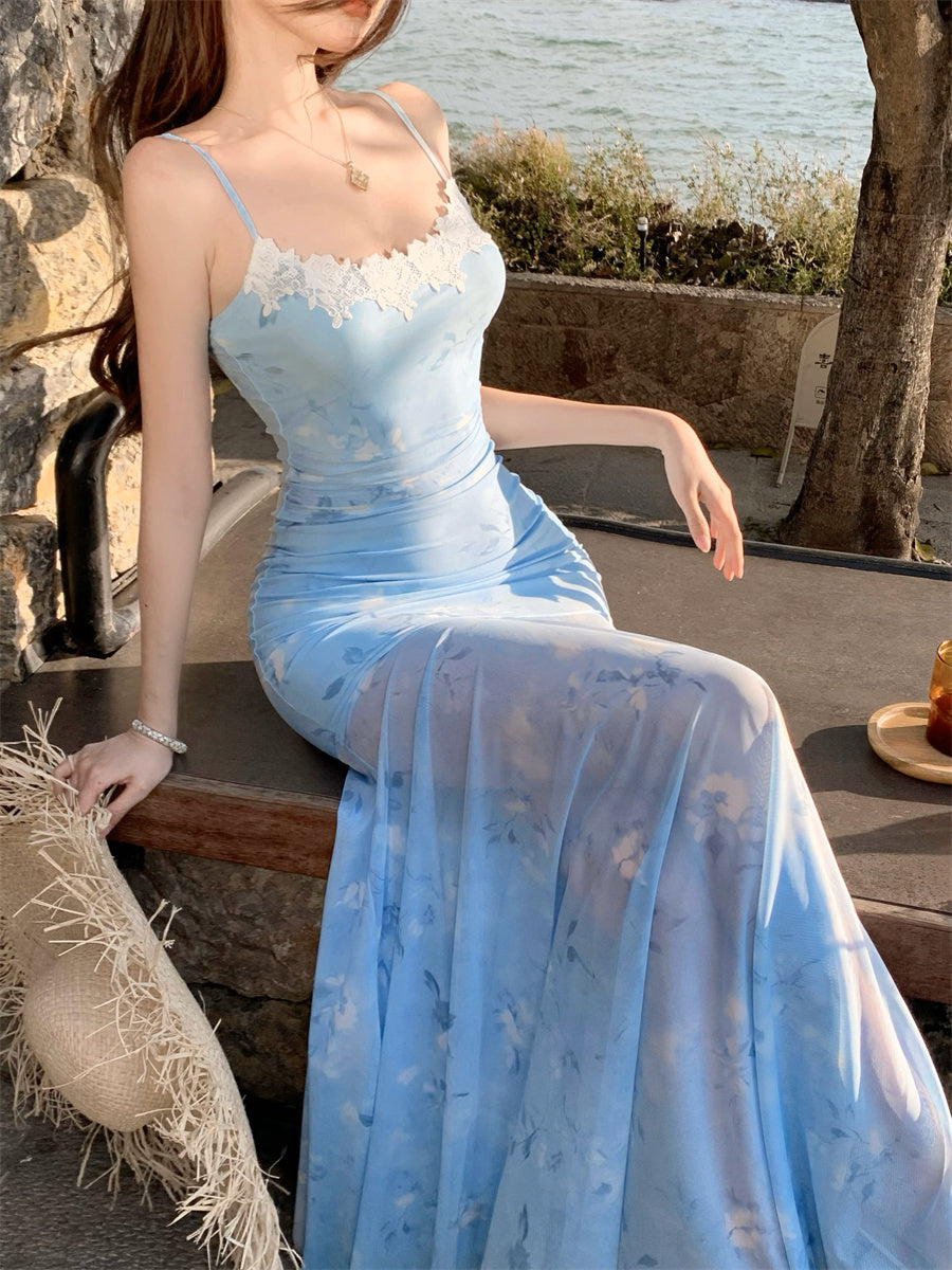 Superb Spaghetti Strap Mermaid Maxi Dress Appealing Lace Trimmed Sheer Tulle Floral Print Long Dress AP3403