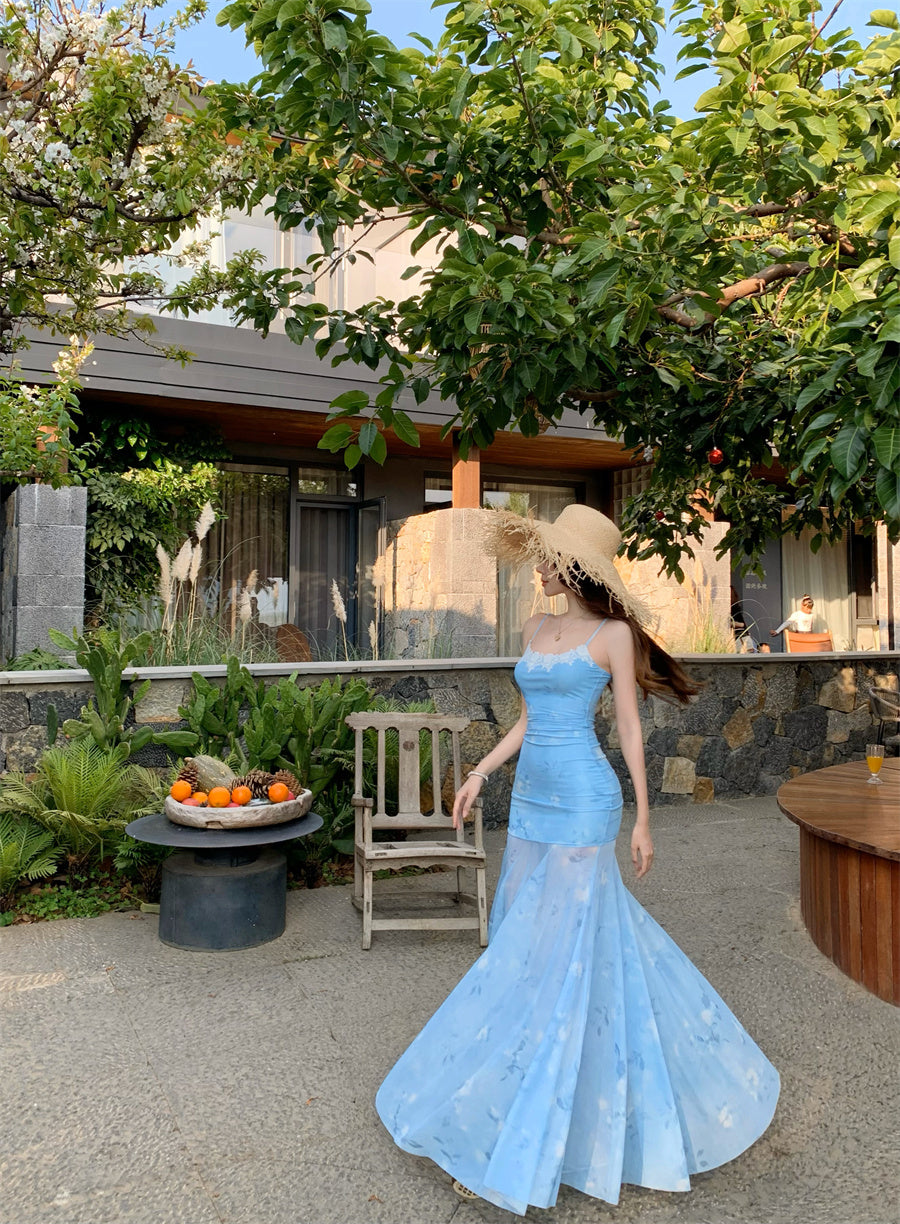 Superb Spaghetti Strap Mermaid Maxi Dress Appealing Lace Trimmed Sheer Tulle Floral Print Long Dress AP3403