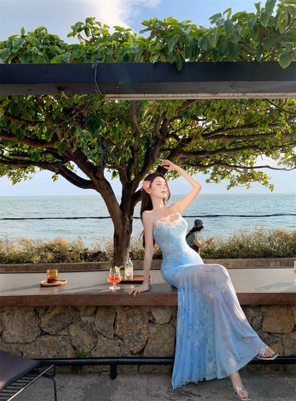 Superb Spaghetti Strap Mermaid Maxi Dress Appealing Lace Trimmed Sheer Tulle Floral Print Long Dress AP3403