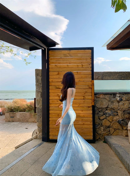 Superb Spaghetti Strap Mermaid Maxi Dress Appealing Lace Trimmed Sheer Tulle Floral Print Long Dress AP3403