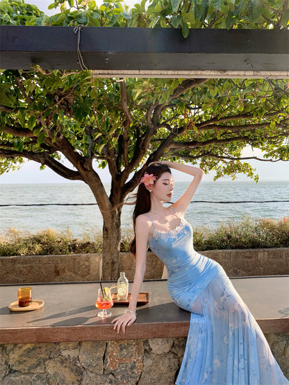 Superb Spaghetti Strap Mermaid Maxi Dress Appealing Lace Trimmed Sheer Tulle Floral Print Long Dress AP3403