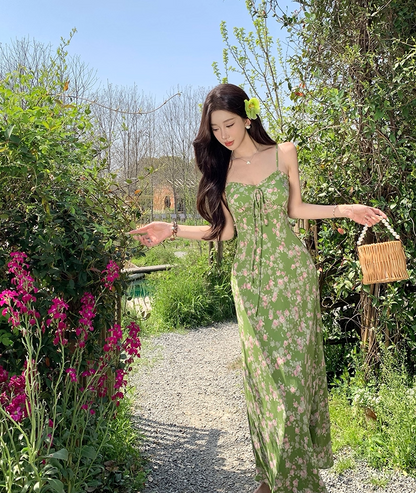 Enchanting Spaghetti Strap Sheath Maxi Dress Amazing Floral Print Green Long Dress AP3404