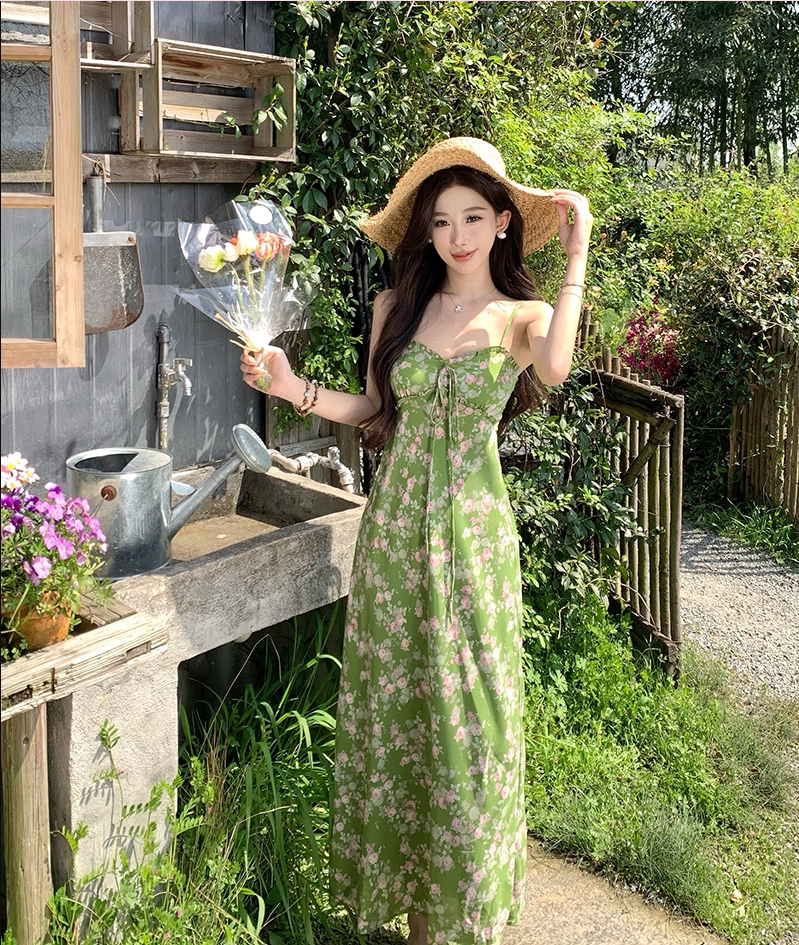Enchanting Spaghetti Strap Sheath Maxi Dress Amazing Floral Print Green Long Dress AP3404