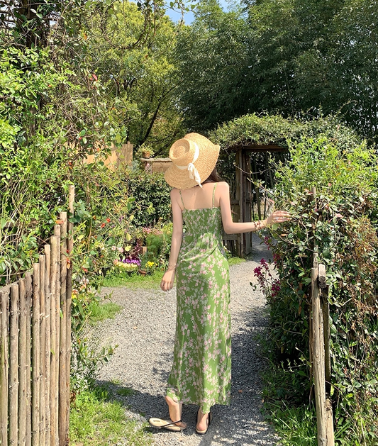 Enchanting Spaghetti Strap Sheath Maxi Dress Amazing Floral Print Green Long Dress AP3404
