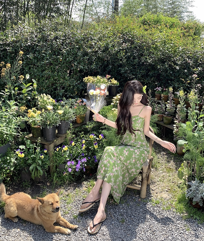 Enchanting Spaghetti Strap Sheath Maxi Dress Amazing Floral Print Green Long Dress AP3404