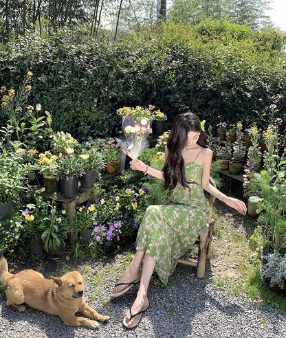 Enchanting Spaghetti Strap Sheath Maxi Dress Amazing Floral Print Green Long Dress AP3404