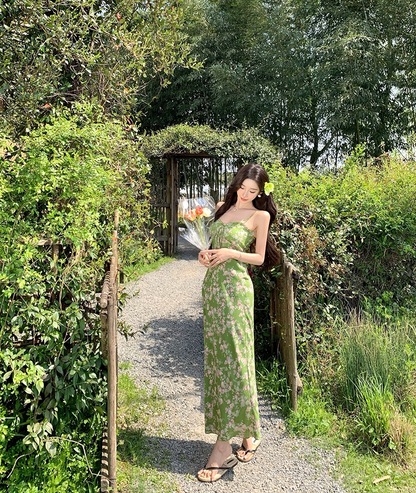 Enchanting Spaghetti Strap Sheath Maxi Dress Amazing Floral Print Green Long Dress AP3404