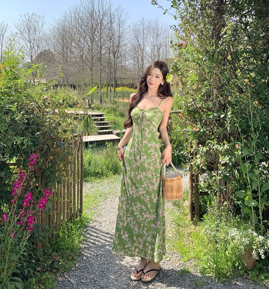 Enchanting Spaghetti Strap Sheath Maxi Dress Amazing Floral Print Green Long Dress AP3404