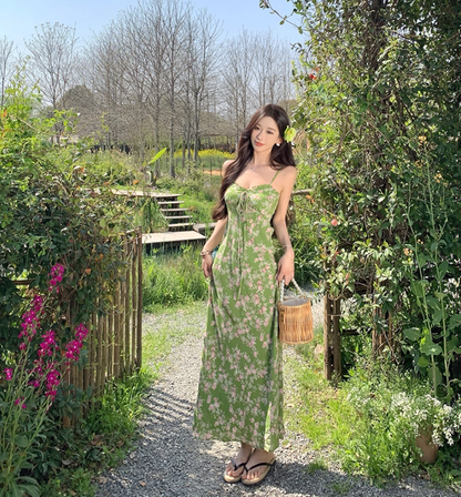 Enchanting Spaghetti Strap Sheath Maxi Dress Amazing Floral Print Green Long Dress AP3404
