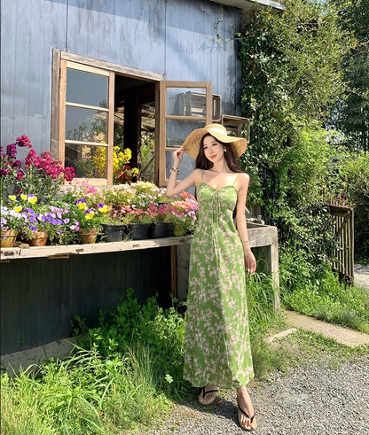 Enchanting Spaghetti Strap Sheath Maxi Dress Amazing Floral Print Green Long Dress AP3404