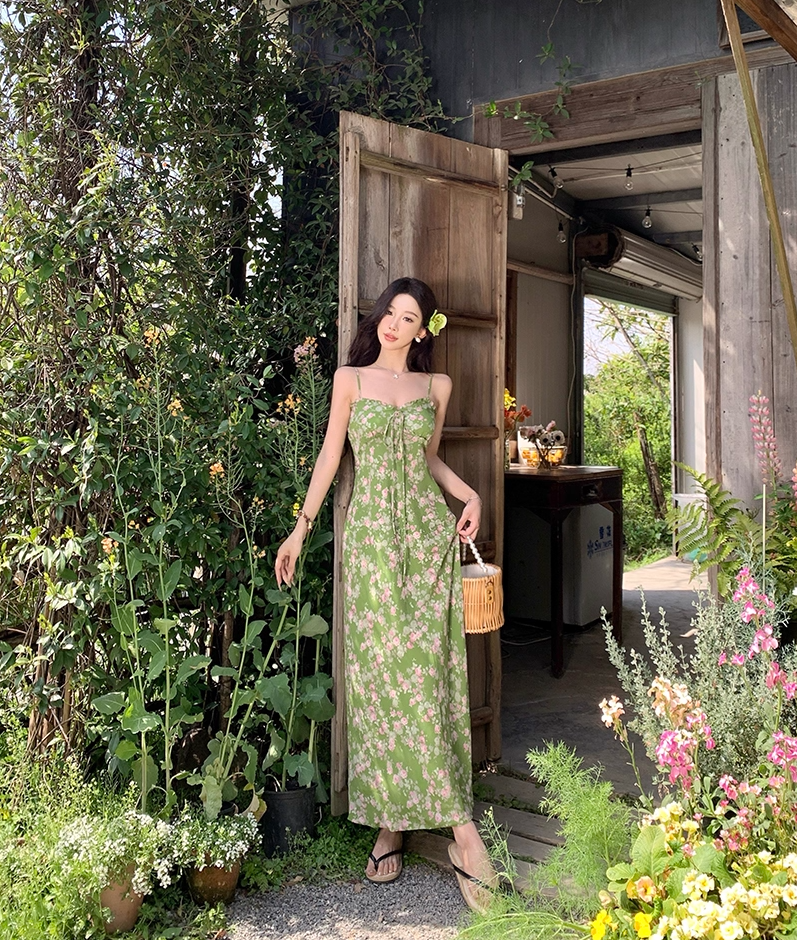 Enchanting Spaghetti Strap Sheath Maxi Dress Amazing Floral Print Green Long Dress AP3404