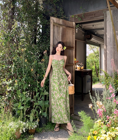 Enchanting Spaghetti Strap Sheath Maxi Dress Amazing Floral Print Green Long Dress AP3404