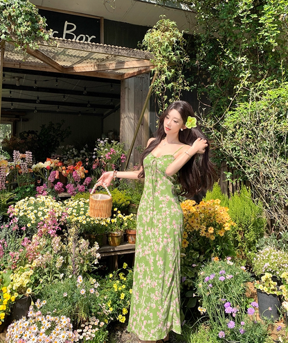 Enchanting Spaghetti Strap Sheath Maxi Dress Amazing Floral Print Green Long Dress AP3404