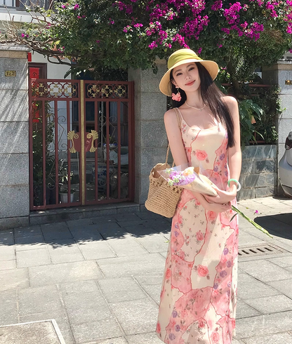 Beautiful Spaghetti Strap Sheath Maxi Dress Superb Floral Print Seaside Outfit Long Dress AP3405