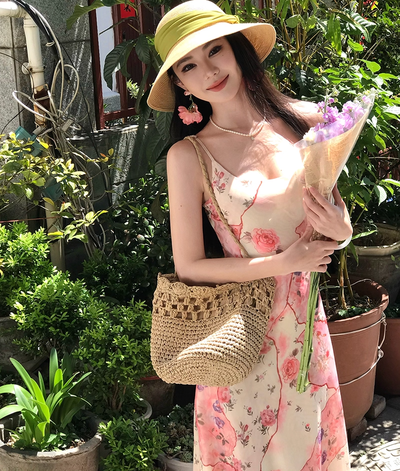 Beautiful Spaghetti Strap Sheath Maxi Dress Superb Floral Print Seaside Outfit Long Dress AP3405