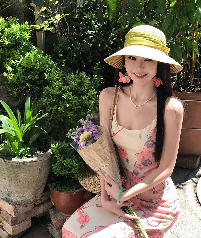 Beautiful Spaghetti Strap Sheath Maxi Dress Superb Floral Print Seaside Outfit Long Dress AP3405