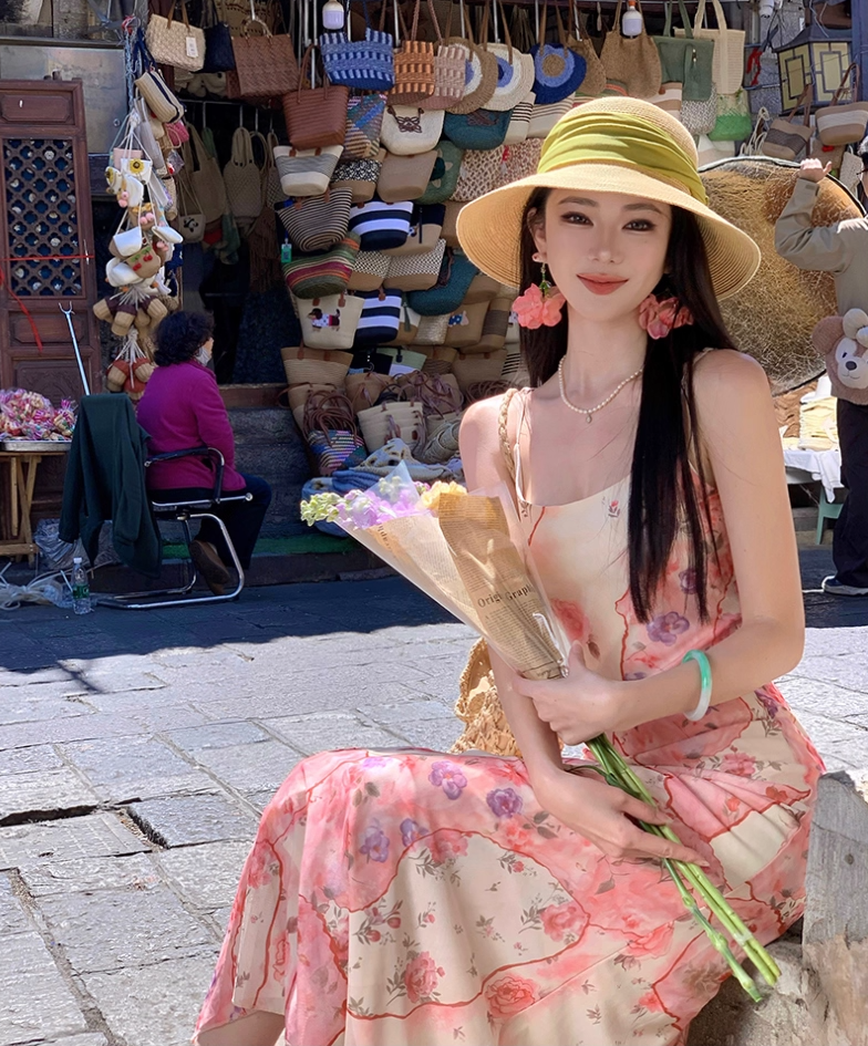 Beautiful Spaghetti Strap Sheath Maxi Dress Superb Floral Print Seaside Outfit Long Dress AP3405