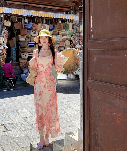 Beautiful Spaghetti Strap Sheath Maxi Dress Superb Floral Print Seaside Outfit Long Dress AP3405