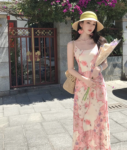 Beautiful Spaghetti Strap Sheath Maxi Dress Superb Floral Print Seaside Outfit Long Dress AP3405