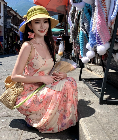 Beautiful Spaghetti Strap Sheath Maxi Dress Superb Floral Print Seaside Outfit Long Dress AP3405