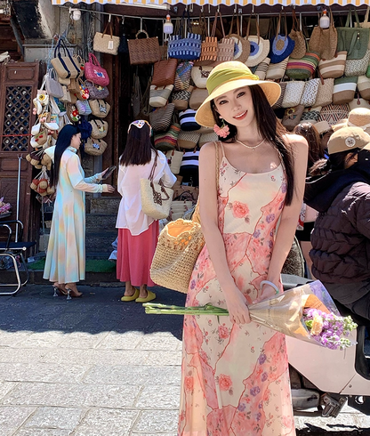 Beautiful Spaghetti Strap Sheath Maxi Dress Superb Floral Print Seaside Outfit Long Dress AP3405