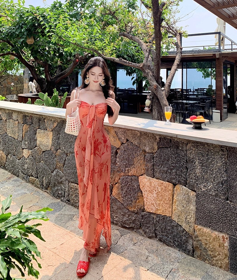 Refined Sheath Strapless Maxi Dresses Glorious Asymmetric Hem Tie-Front Floral Print Long Dress AP3406